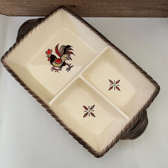 Metlox Vintage Poppytrail Red Rooster 3-Section Divided Ceramic Serving Dish USA - Picture 3 of 13